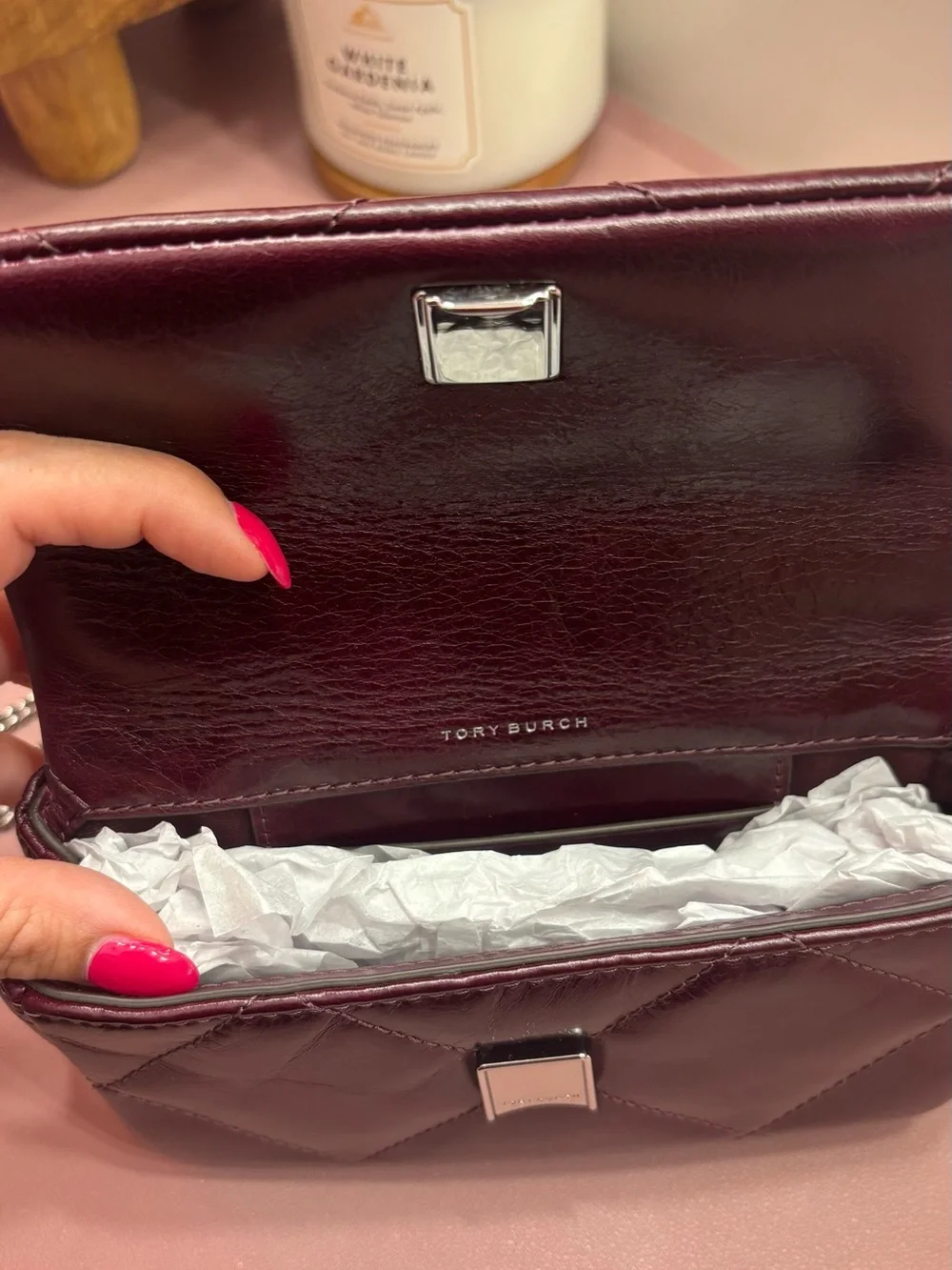 Tory Burch Kira Diamond Quilt Distressed Mini Flap Bag in dark carmine